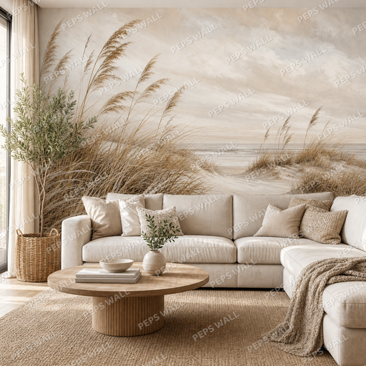 Boho Shore wallpaper in a Dubai living room - Peps Wall