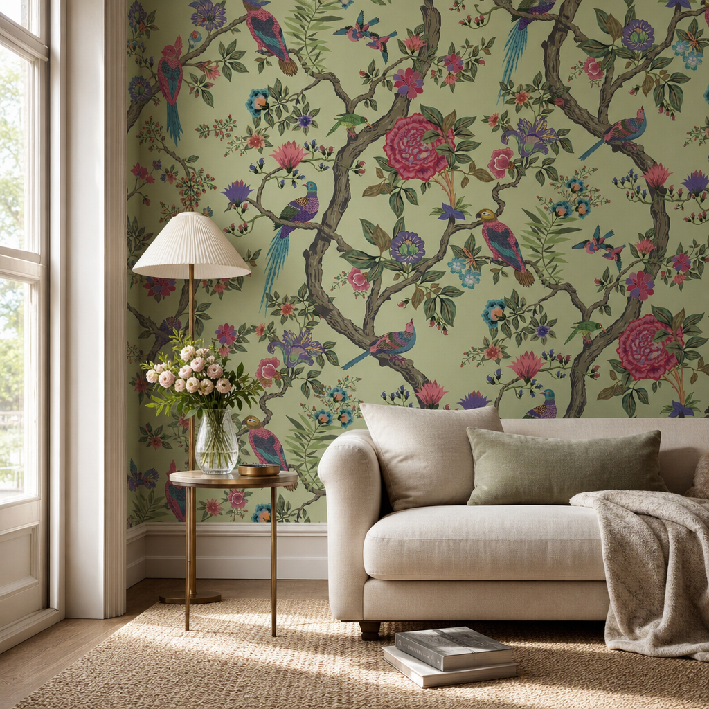 Bonjour living room wallpaper - custom mural printed and installed in Dubai