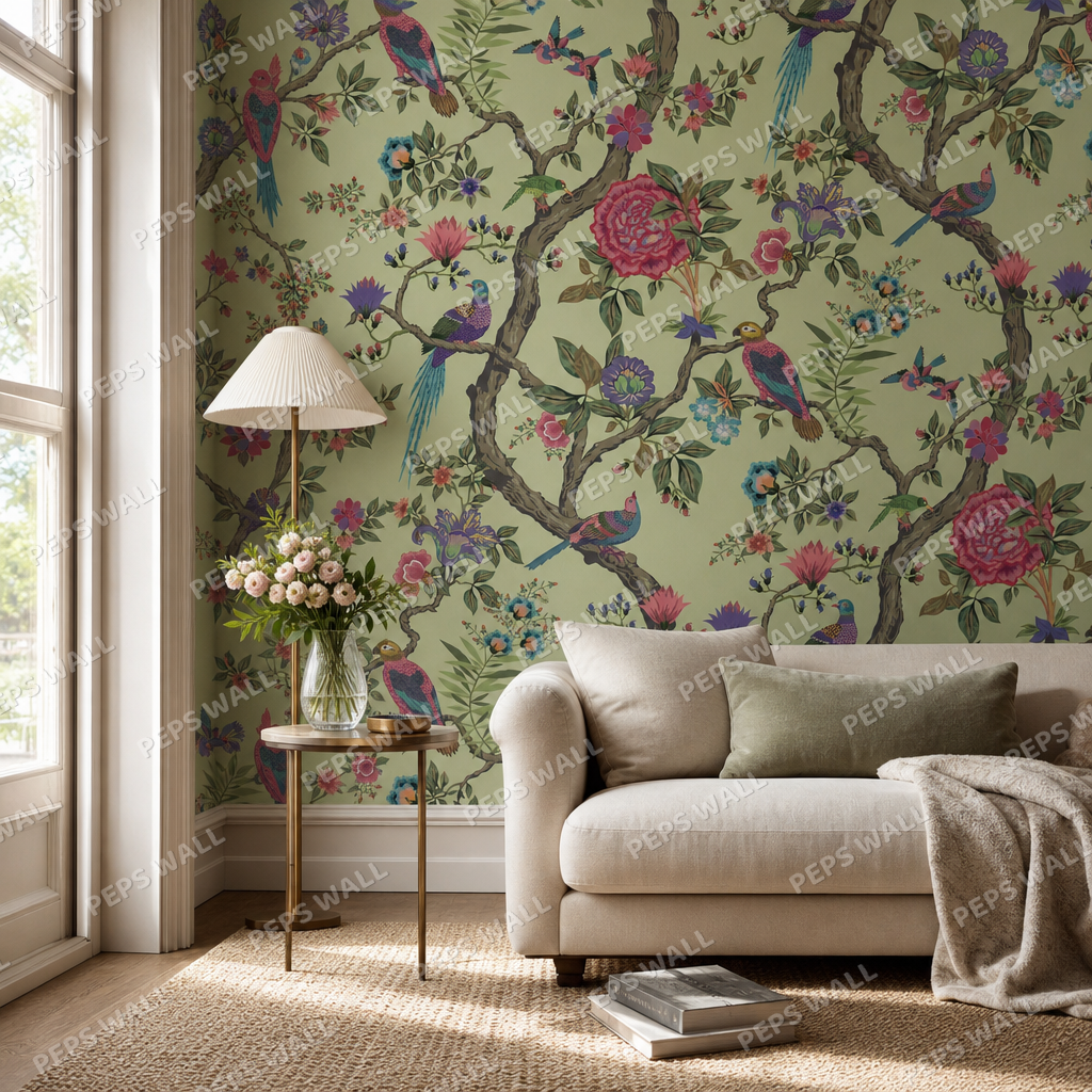 Bonjour living room wallpaper - custom mural printed and installed in Dubai