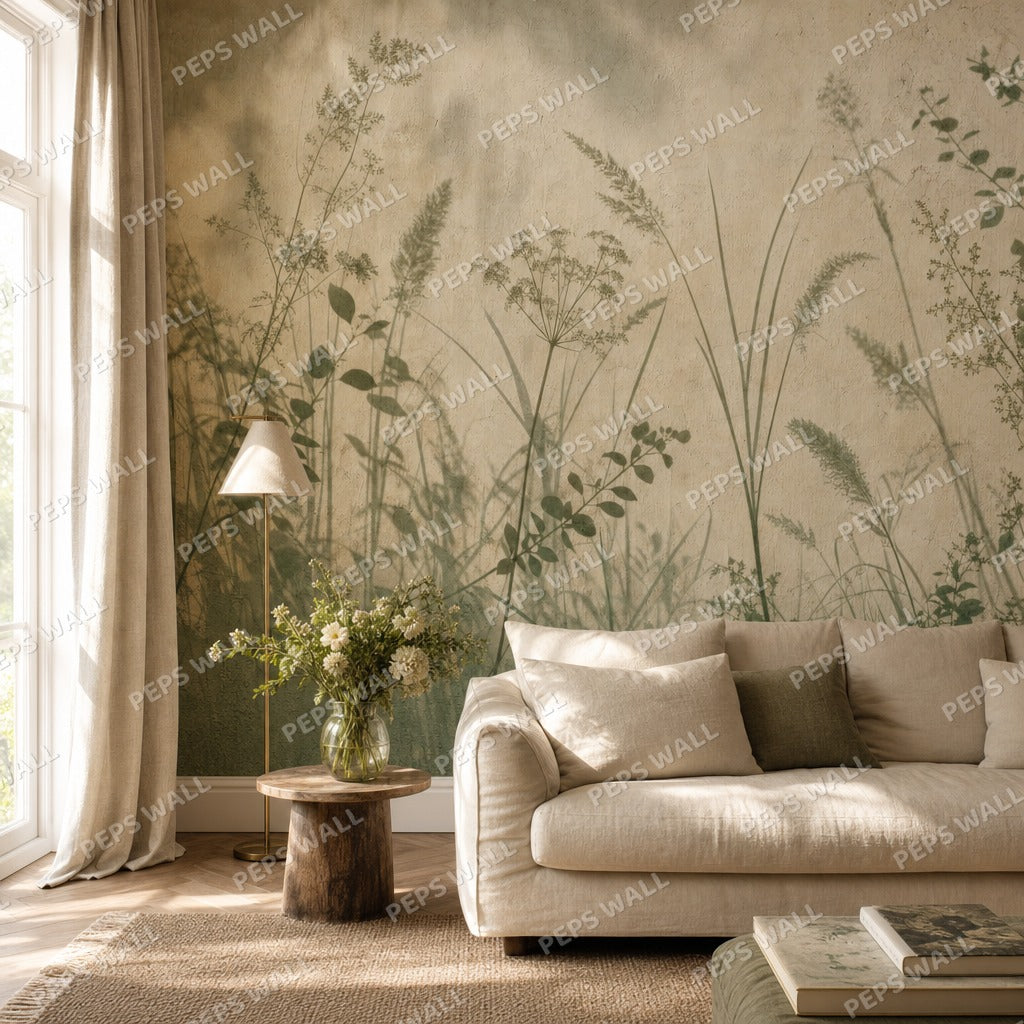 Botanical Shadows - Sage wallpaper mural — living room mockup
