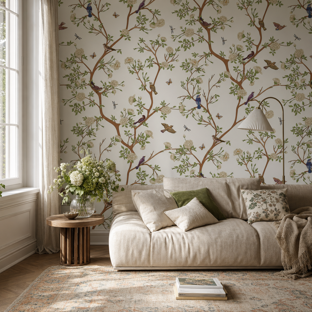 Brookside living room wallpaper - custom mural printed and installed in Dubai