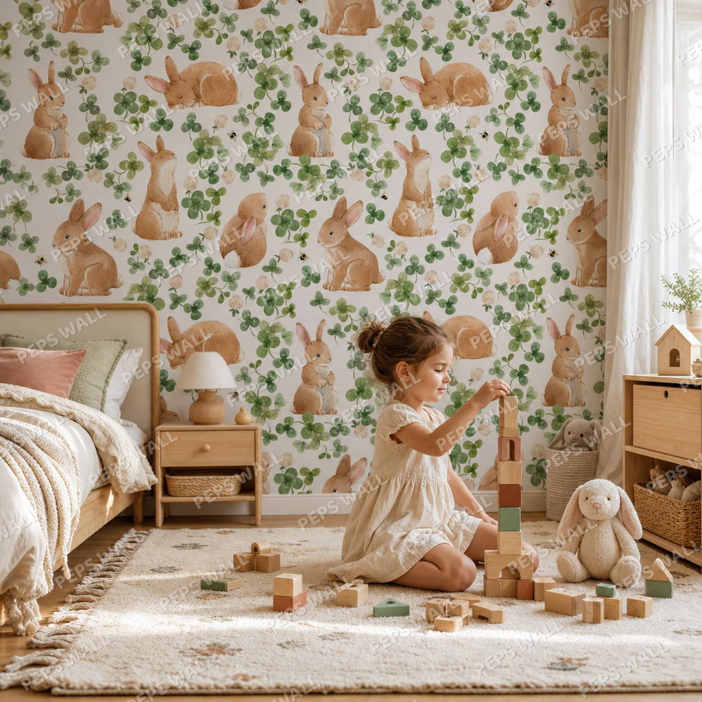 Bunny Bliss kids room wallpaper - custom mural printed and installed in Dubai