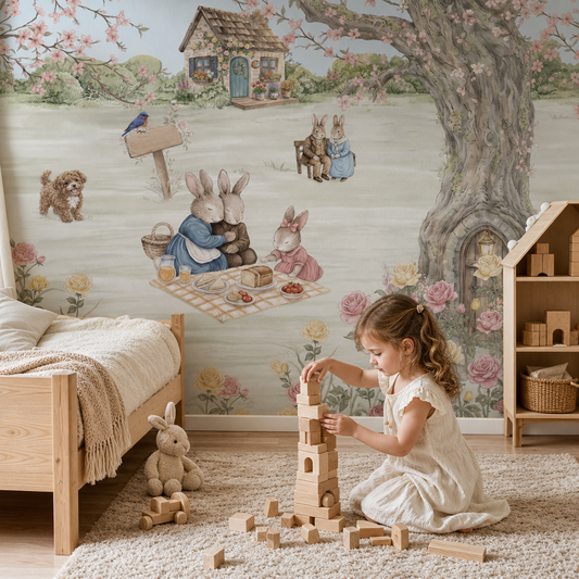 Bunny Picnic kids room wallpaper - custom mural printed and installed in Dubai