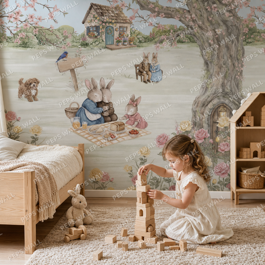 Bunny Picnic kids room wallpaper - custom mural printed and installed in Dubai