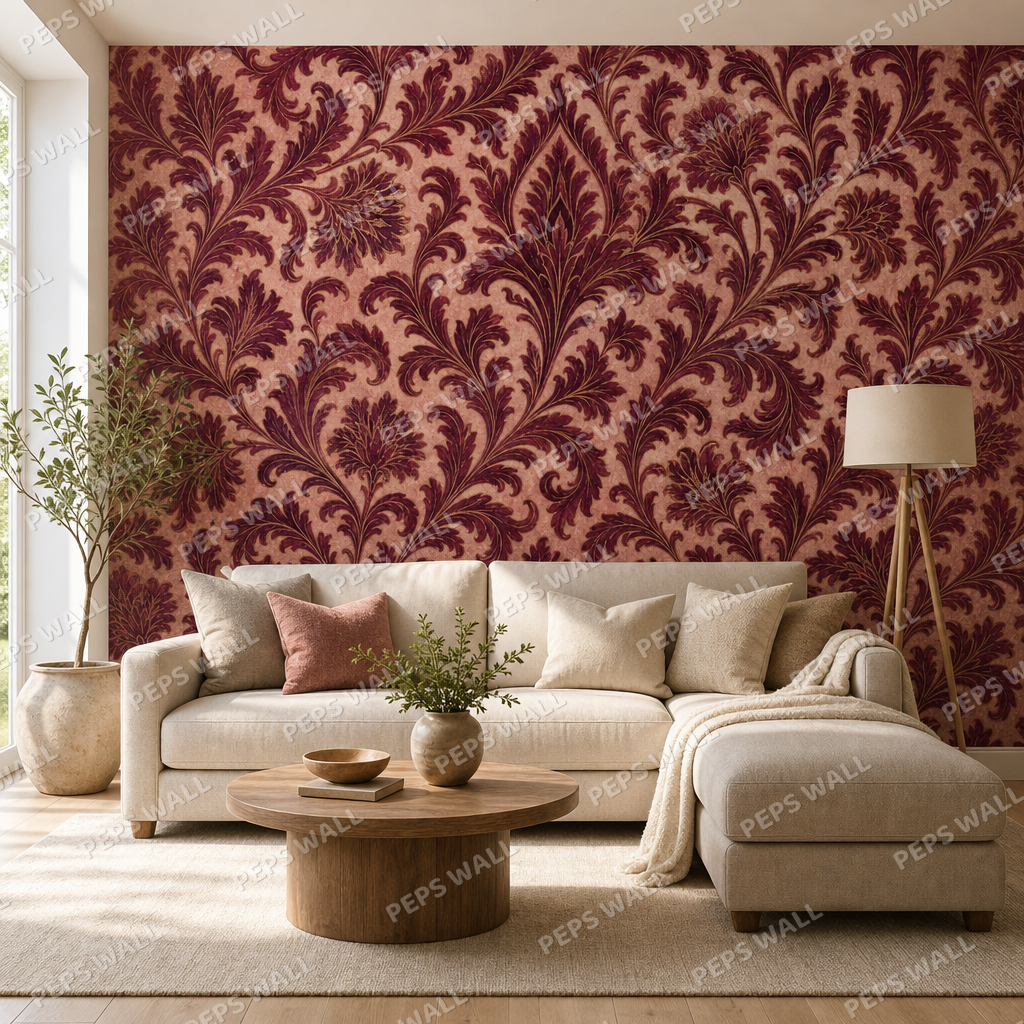 Burgundy Damask wallpaper in a Dubai living room - Peps Wall