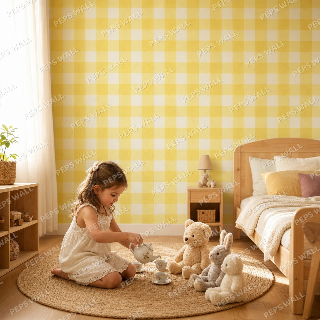 Butter Gingham - Yellow Checks wallpaper mural — kids room mockup