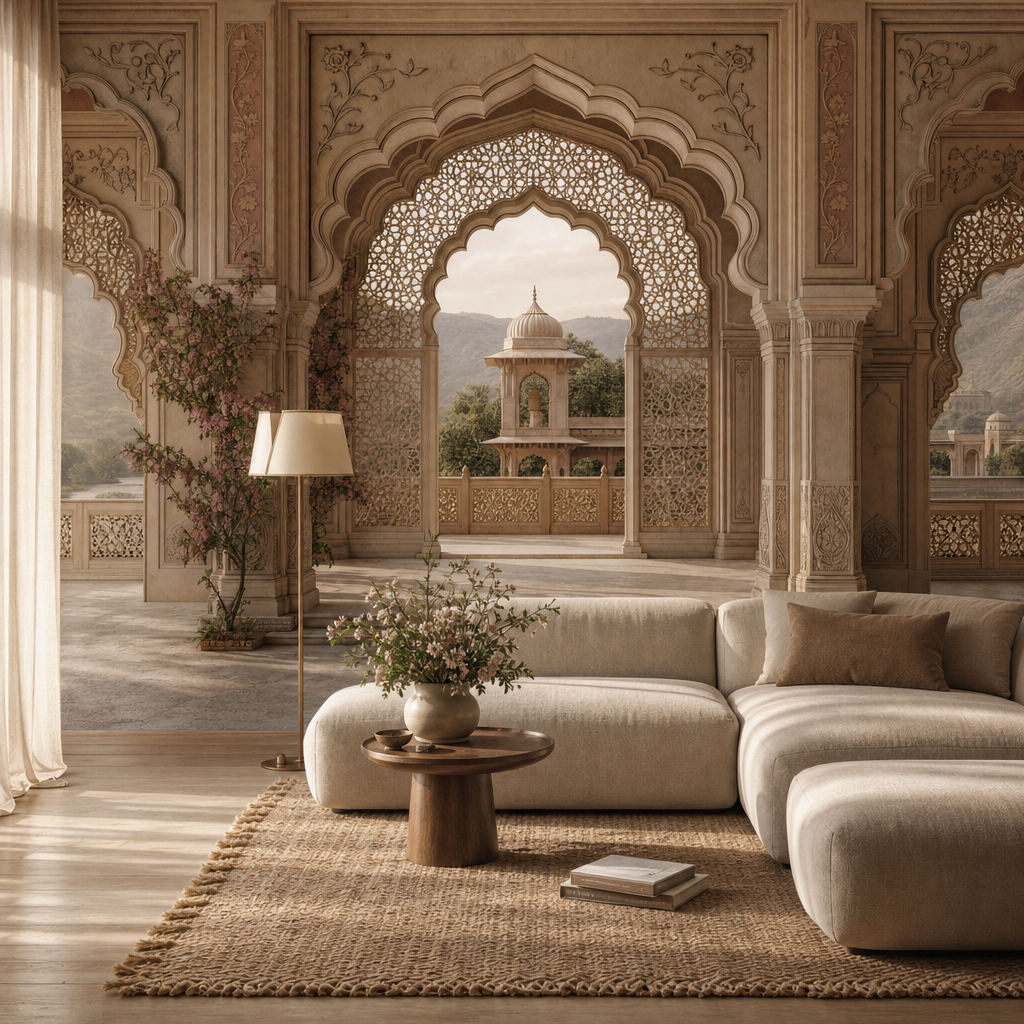 Rajasthani Jaali Arches living room mockup