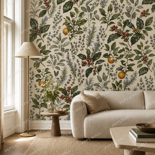Cafe Botanique living room wallpaper - custom mural printed and installed in Dubai