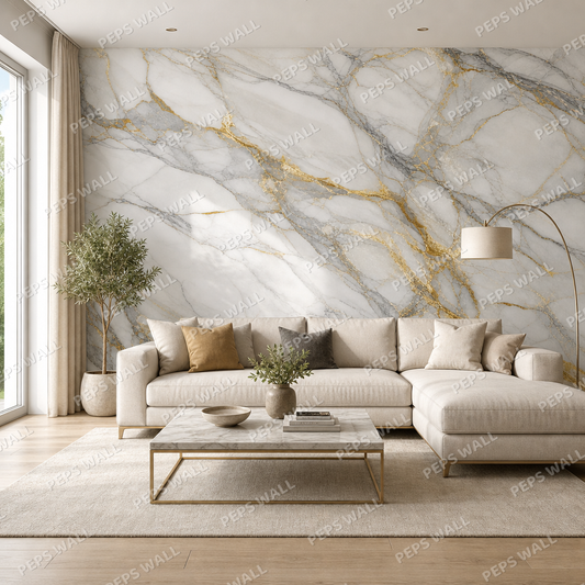 Calacatta Soft wallpaper in a Dubai living room - Peps Wall