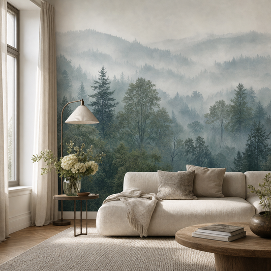 Calm Forest Mist living room wallpaper - custom mural printed and installed in Dubai