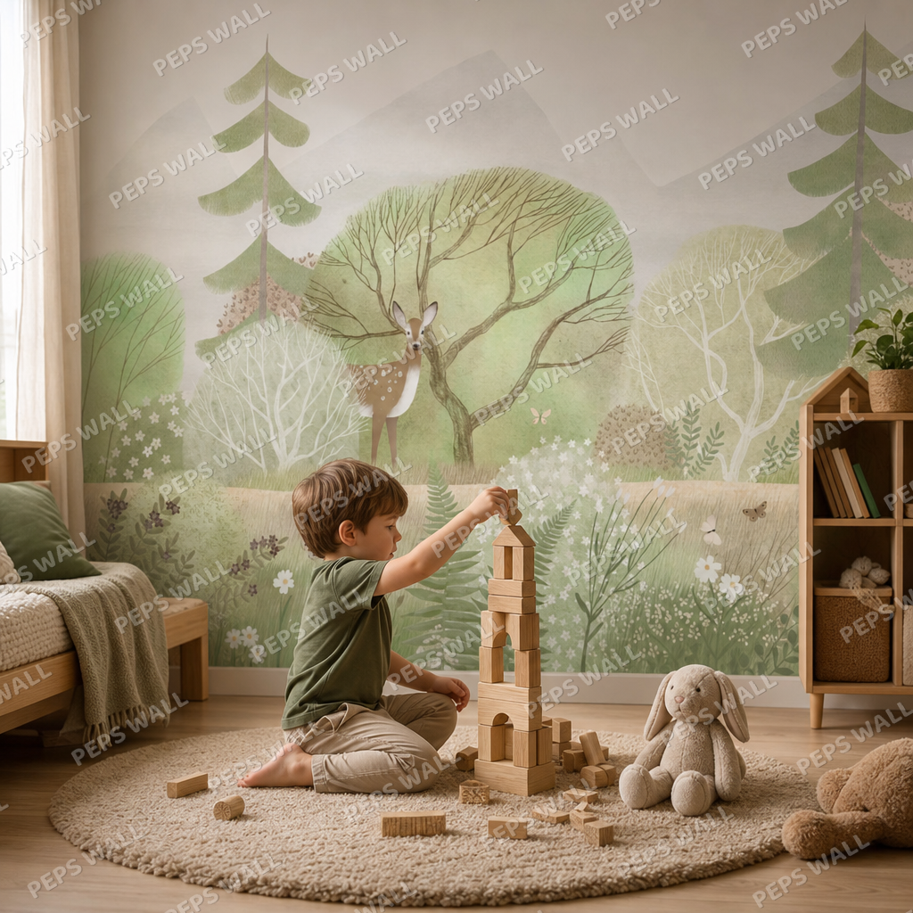Calm Forrest kids room wallpaper - custom mural printed and installed in Dubai