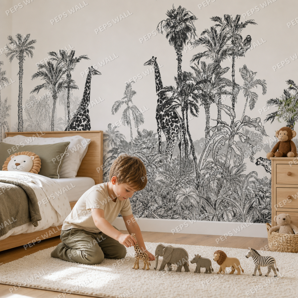 Calm Safari kids room wallpaper - custom mural printed and installed in Dubai