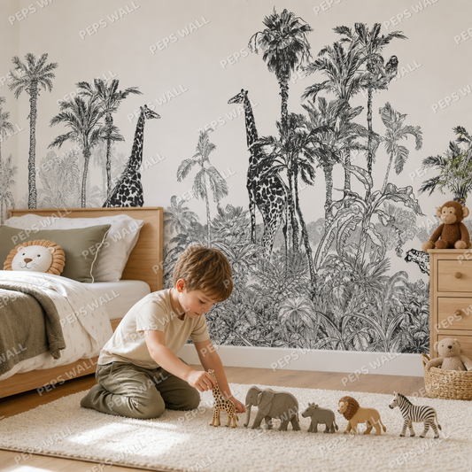 Calm Safari kids room wallpaper - custom mural printed and installed in Dubai
