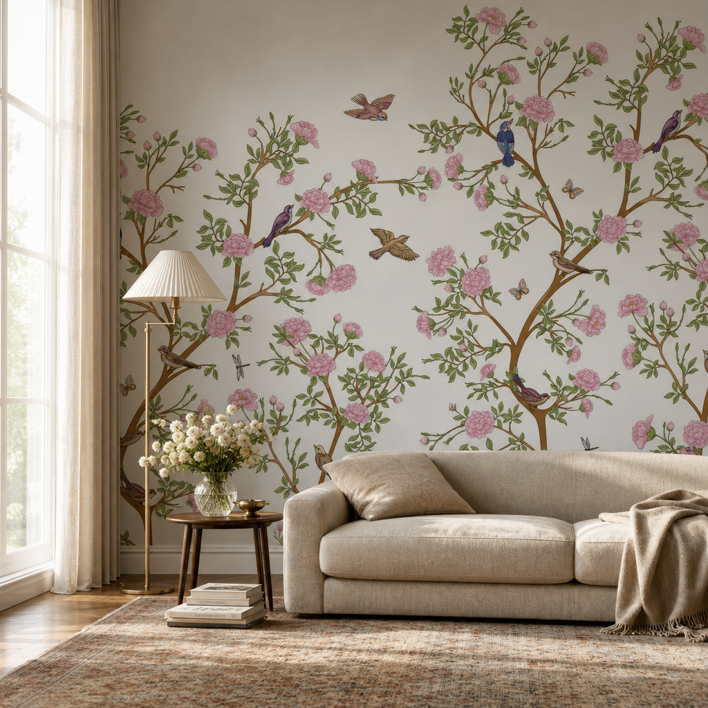 Calvados living room wallpaper - custom mural printed and installed in Dubai