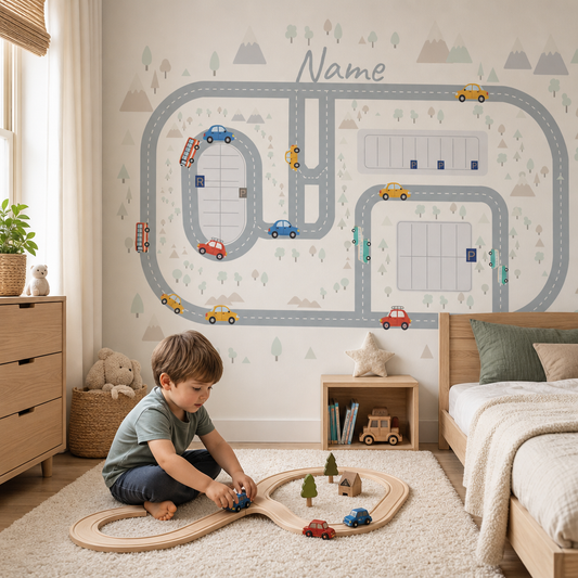 Car Route - Grey kids room wallpaper - custom mural printed and installed in Dubai