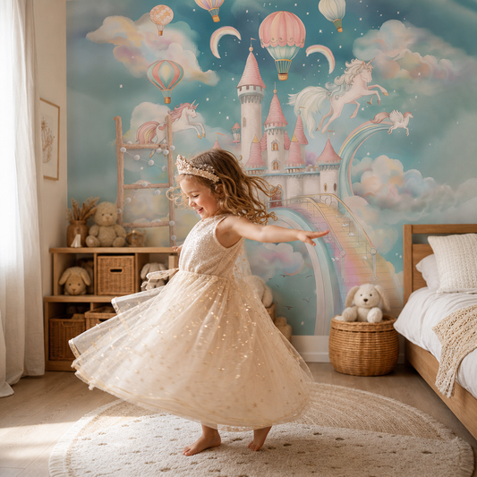 Castle & Unicorns kids room wallpaper - custom mural printed and installed in Dubai