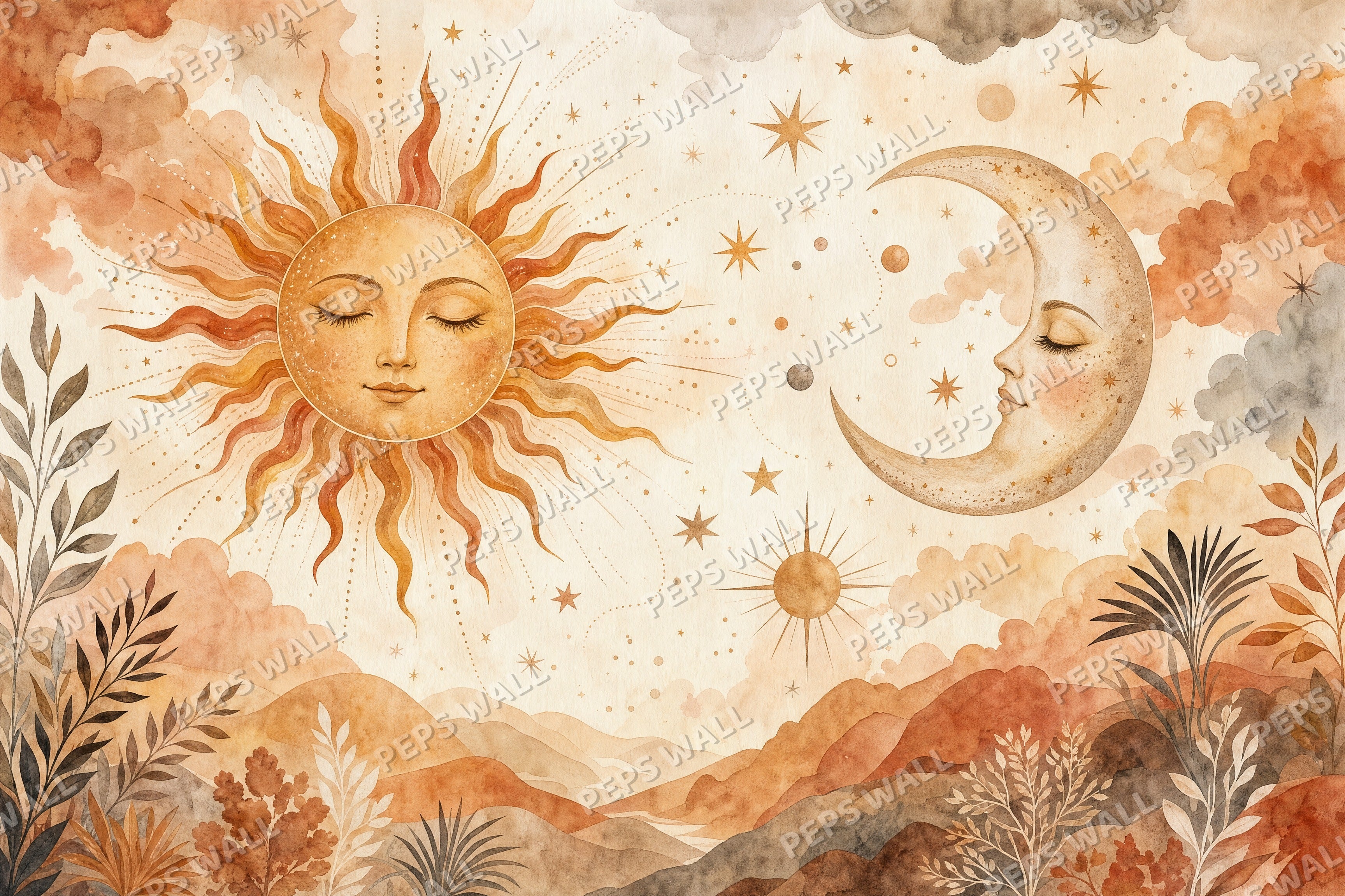 Celestial Sun & Moon - Boho full wall mural design