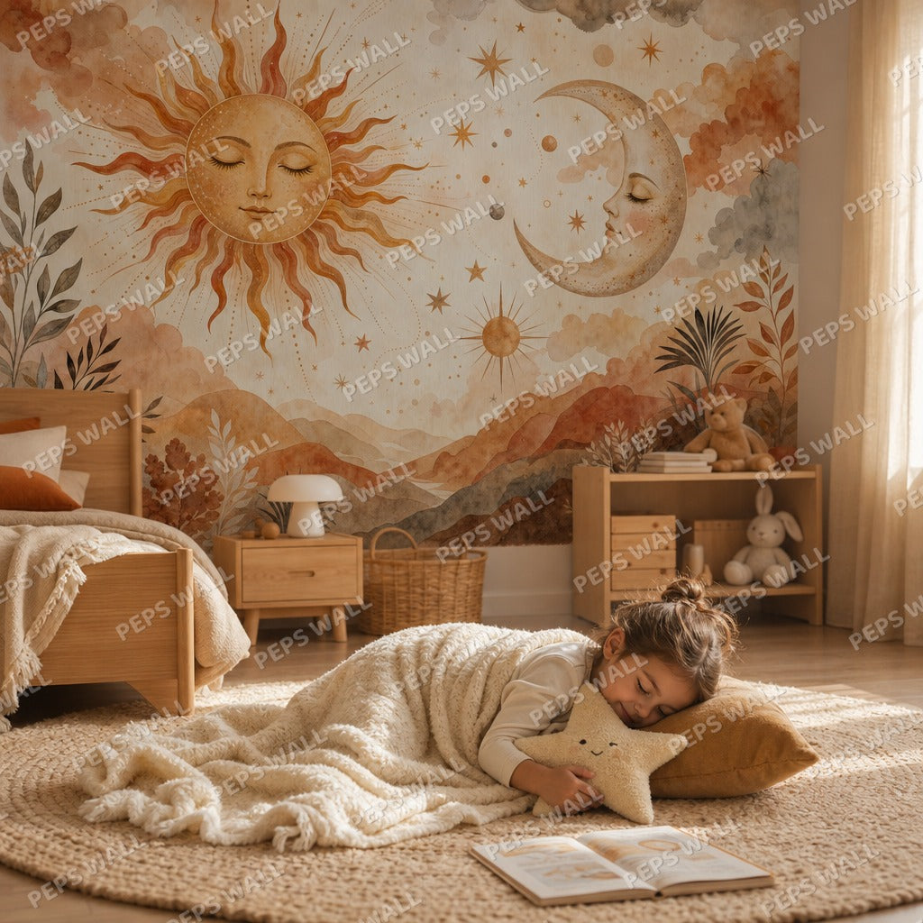 Celestial Sun & Moon - Boho wallpaper mural — kids room mockup