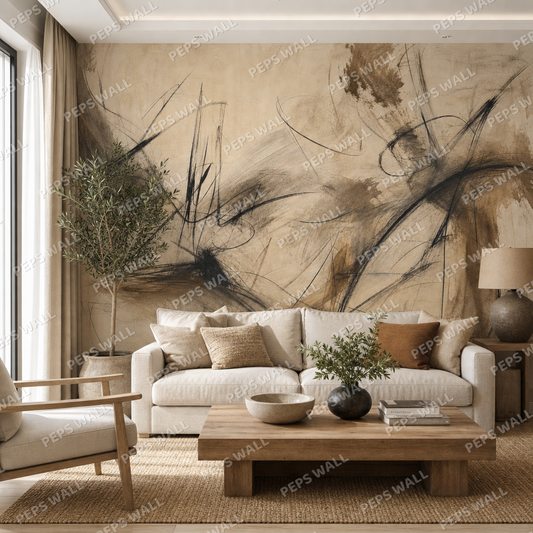 Charcoal Gestures wallpaper in a Dubai living room - Peps Wall