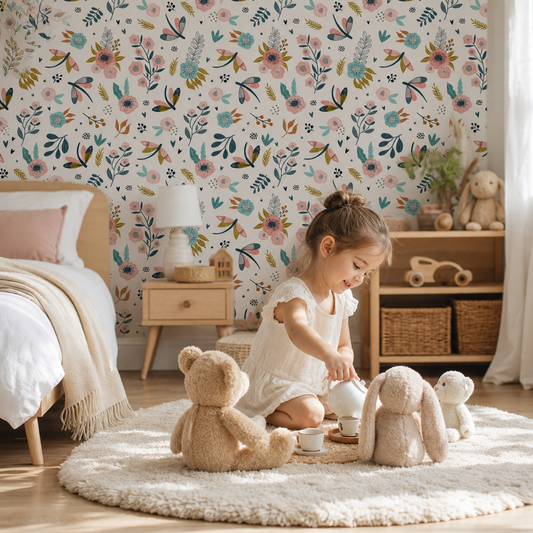 Charming Flowerfields kids room wallpaper - custom mural printed and installed in Dubai