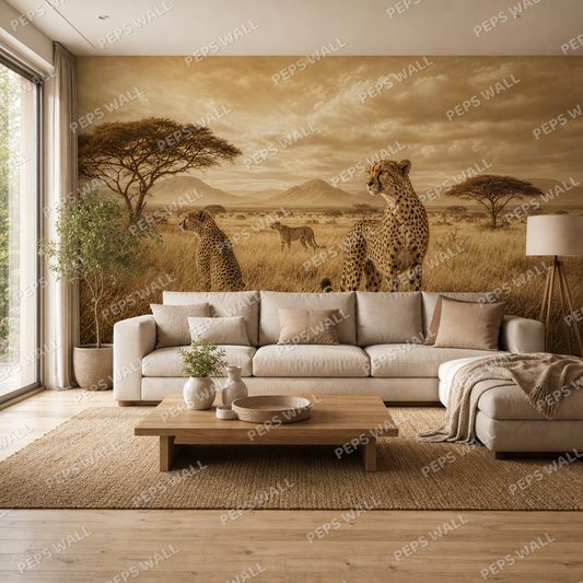 Cheetah Savanna wallpaper in a Dubai living room - Peps Wall