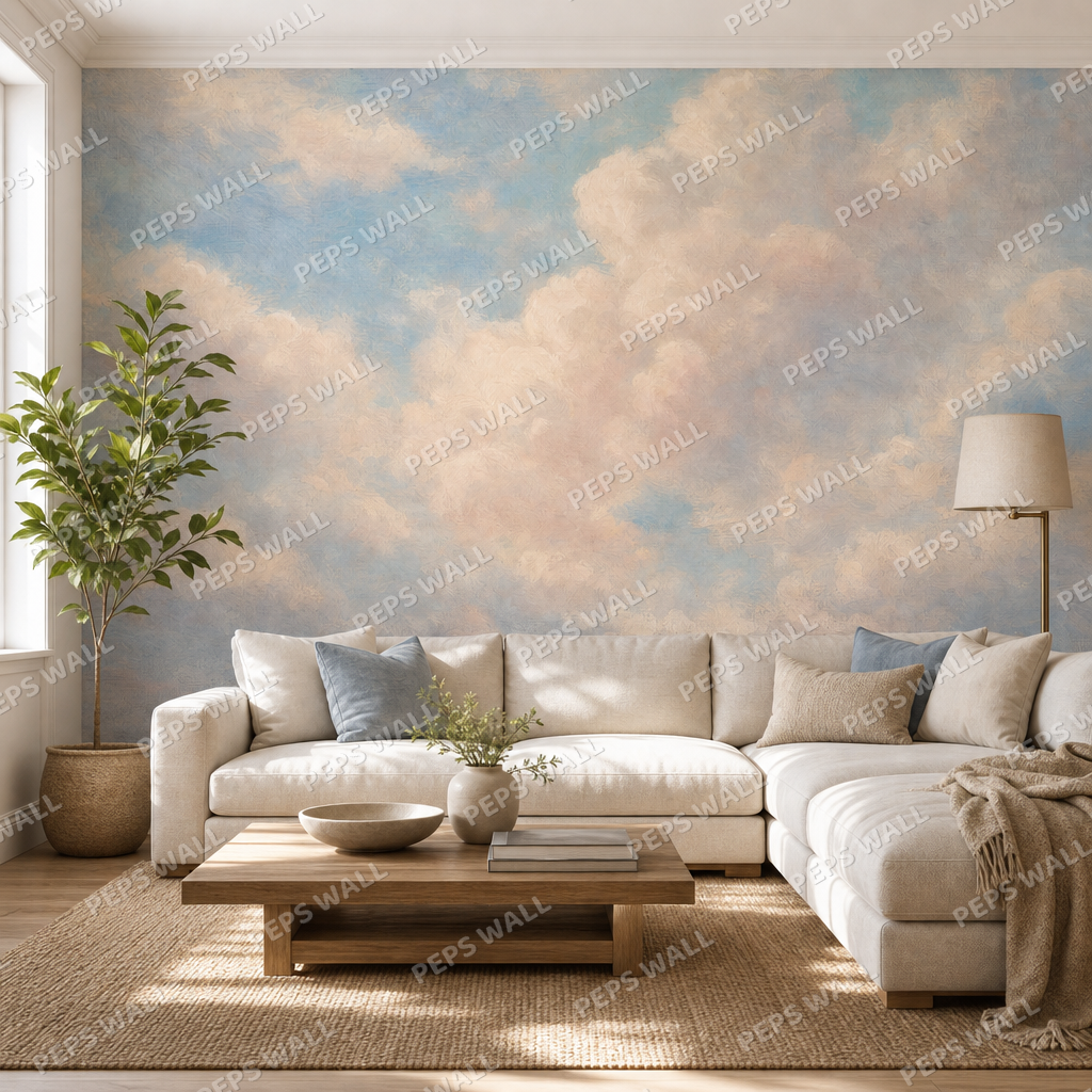 Chubby Clouds wallpaper in a Dubai living room - Peps Wall