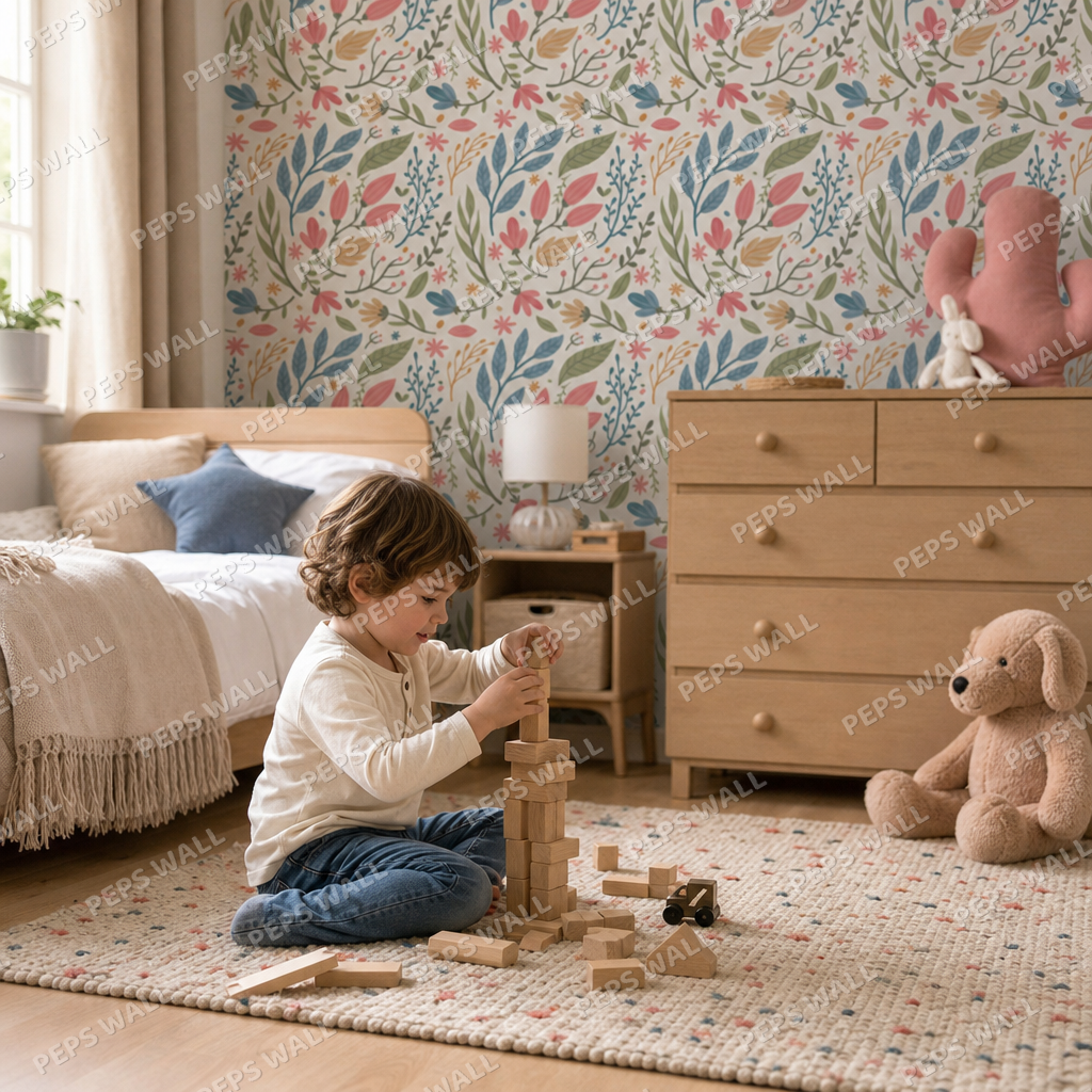 Colorful leaves kids room wallpaper - custom mural printed and installed in Dubai