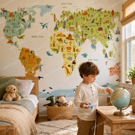 Colorful Wolrd Map kids room wallpaper - custom mural printed and installed in Dubai
