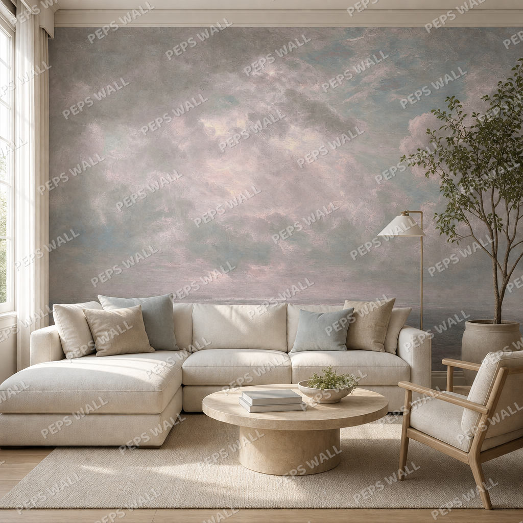 The Painters Sky in Blush wallpaper in a Dubai living room - Peps Wall