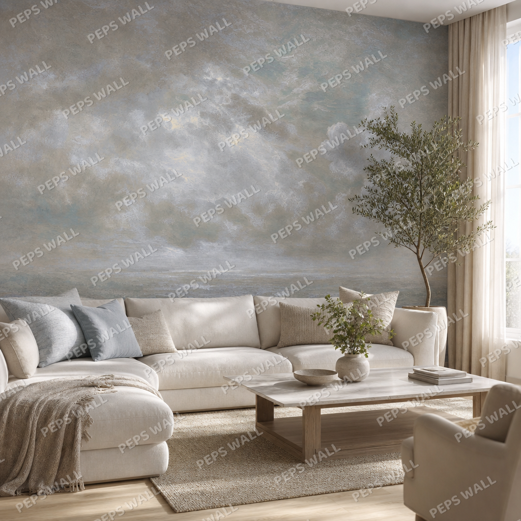 The Painters Sky in Powder Blue wallpaper in a Dubai living room - Peps Wall
