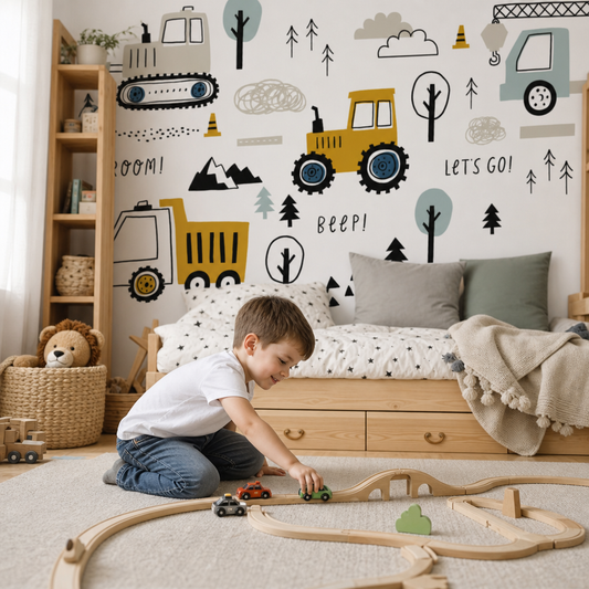 Construction cars kids room wallpaper - custom mural printed and installed in Dubai