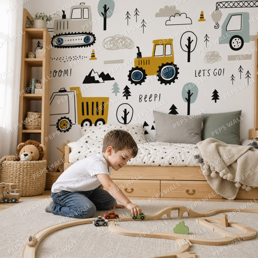 Construction cars kids room wallpaper - custom mural printed and installed in Dubai