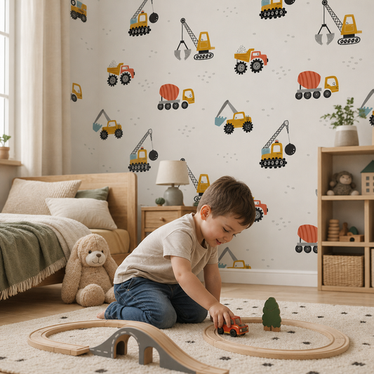 Construction Trucks kids room wallpaper - custom mural printed and installed in Dubai