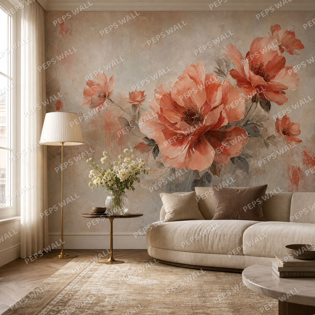 Coral Bloom living room wallpaper - custom mural printed and installed in Dubai