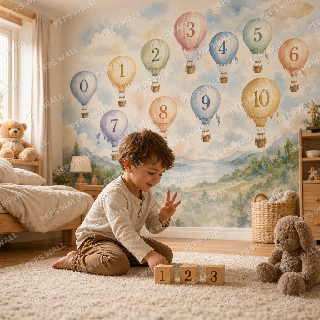Counting Balloons - Watercolor kids room wallpaper - custom mural printed and installed in Dubai