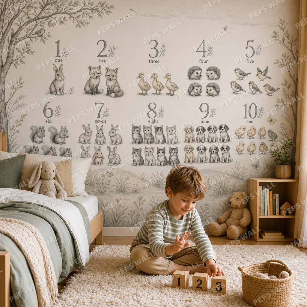 Counting Safari - Pencil kids room wallpaper - custom mural printed and installed in Dubai
