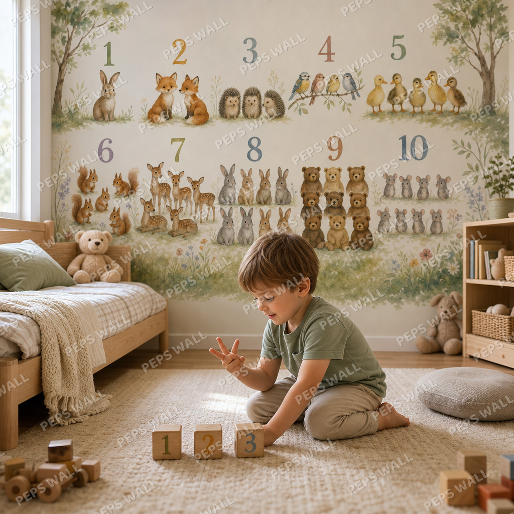Counting Safari - Watercolor kids room wallpaper - custom mural printed and installed in Dubai