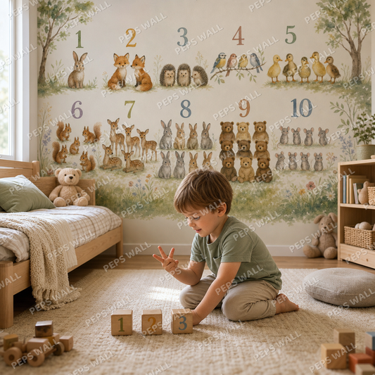 Counting Safari - Watercolor kids room wallpaper - custom mural printed and installed in Dubai
