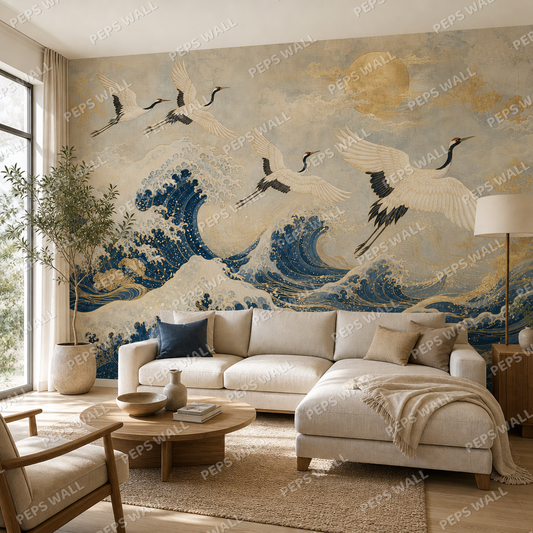 Crane & Wave wallpaper in a Dubai living room - Peps Wall