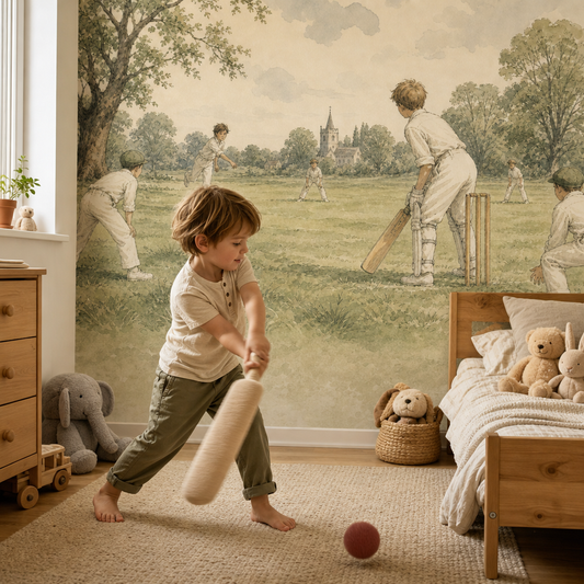 The Cricket Match wallpaper in a Dubai kids bedroom - Peps Wall