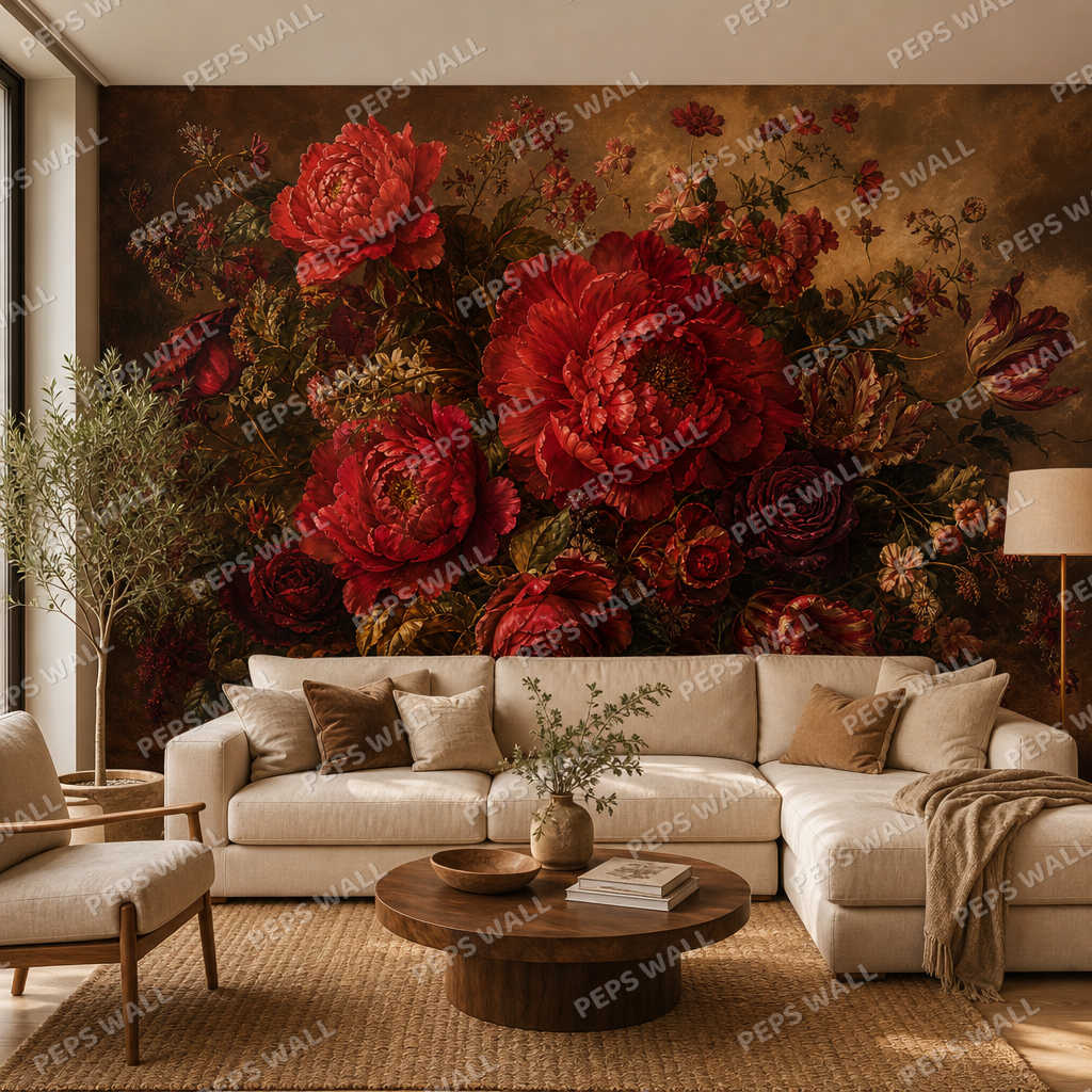 Crimson Blooms wallpaper in a Dubai living room - Peps Wall