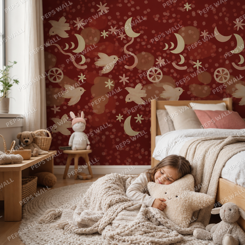 Crimson Moon & Doves kids room wallpaper - custom mural printed and installed in Dubai