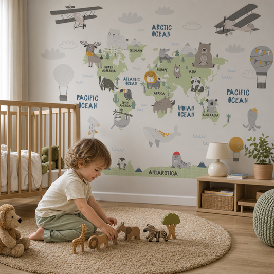 Cute Animal Map kids room wallpaper - custom mural printed and installed in Dubai