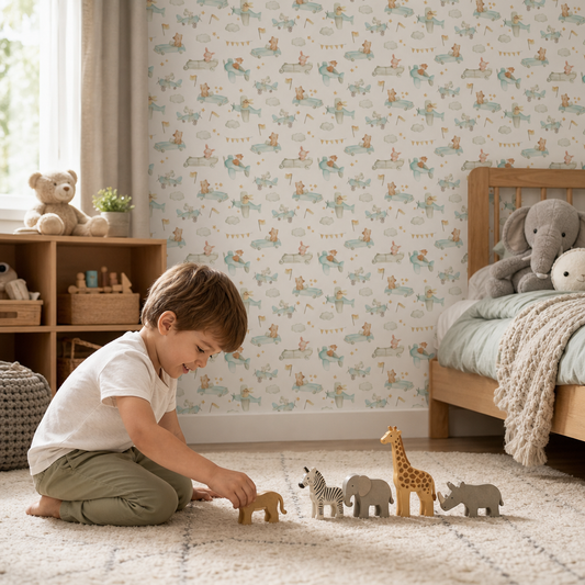 Cute animals, cars & planes kids room wallpaper - custom mural printed and installed in Dubai
