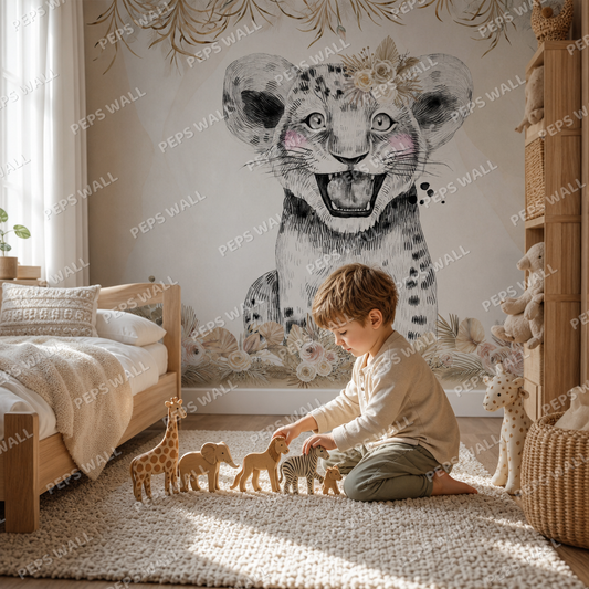 Cute Lion - Gold kids room wallpaper - custom mural printed and installed in Dubai