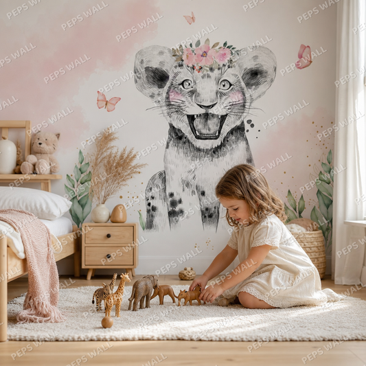 Cute Lion - Pink kids room wallpaper - custom mural printed and installed in Dubai