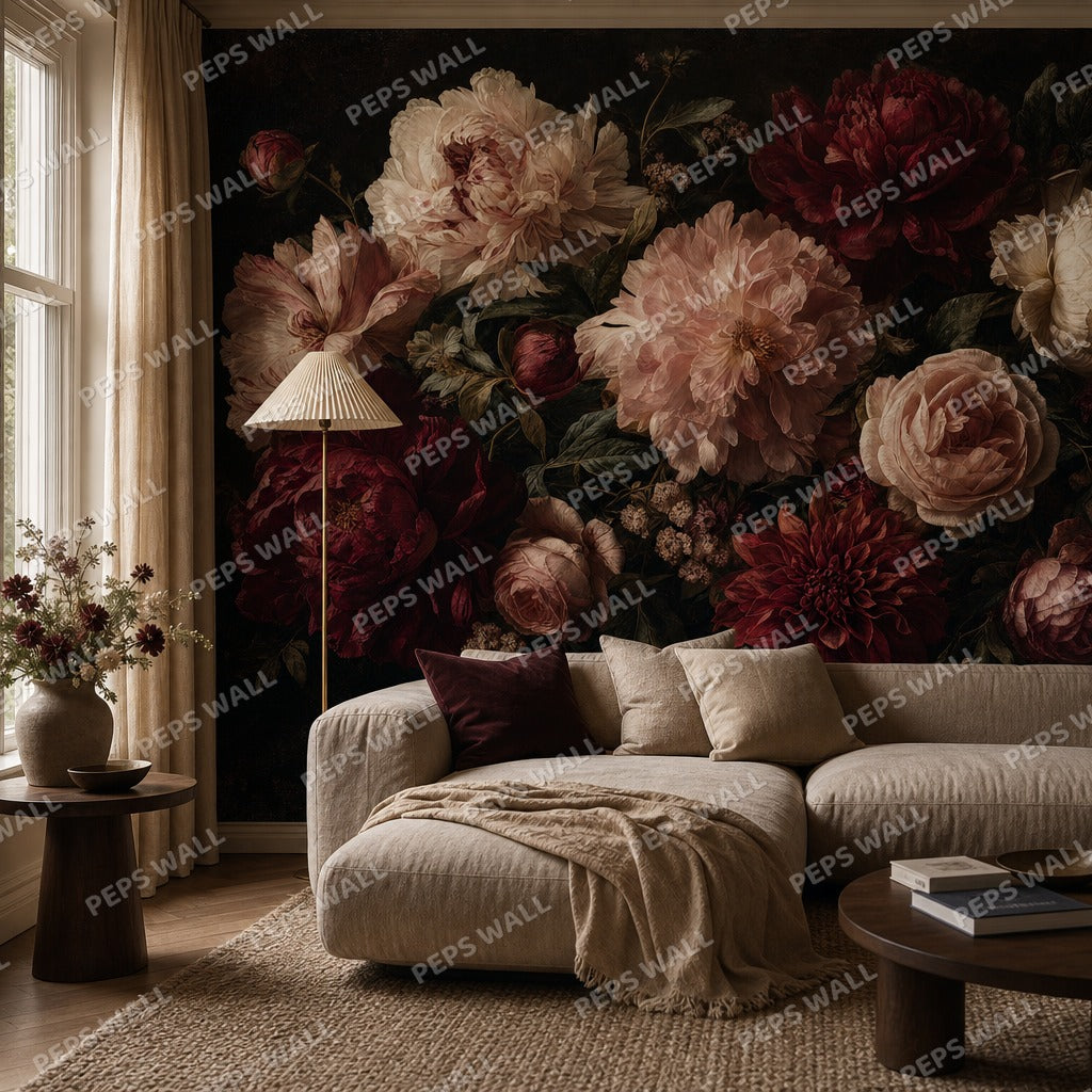 Dark Bloom - Moody Floral wallpaper mural — living room mockup
