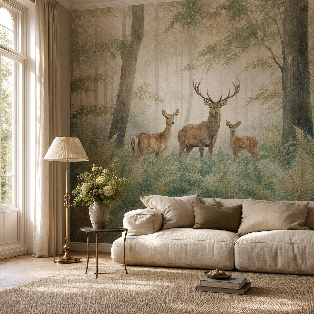 Misty Deer Woodland - Watercolor living room mockup