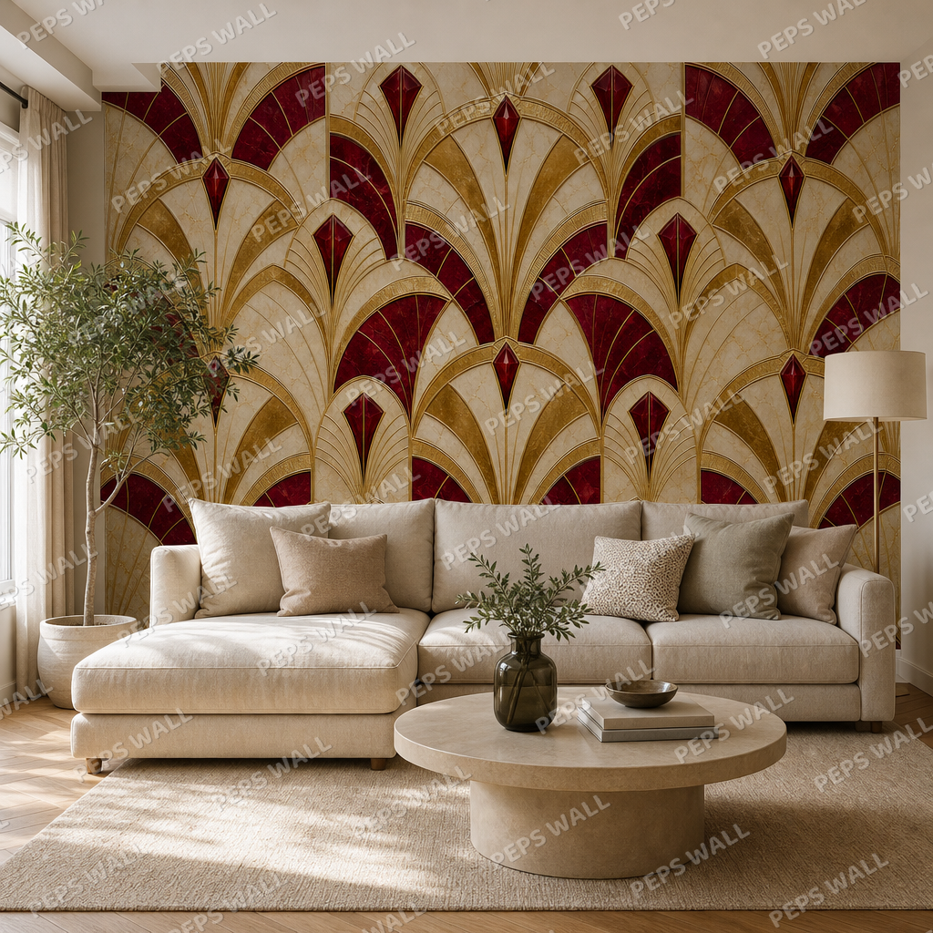 Ruby Deco Fans wallpaper in a Dubai living room - Peps Wall