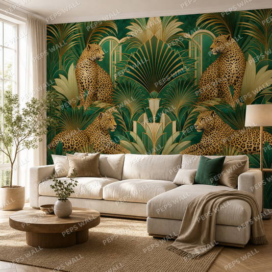 Deco Leopards wallpaper in a Dubai living room - Peps Wall